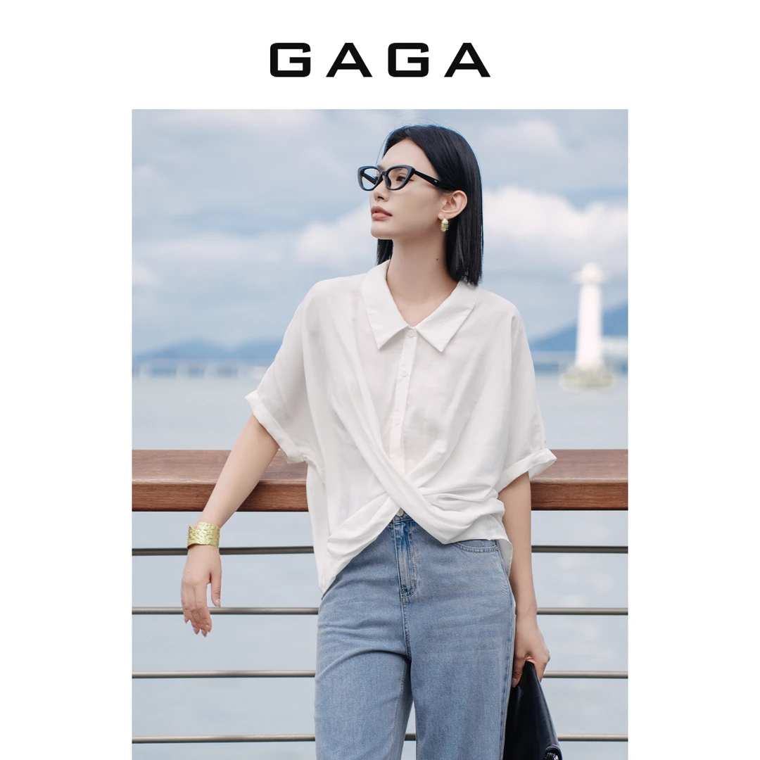 GAGA简约时尚气质交叉设计感衬衣女夏季文艺百搭衬衫G52T03002
