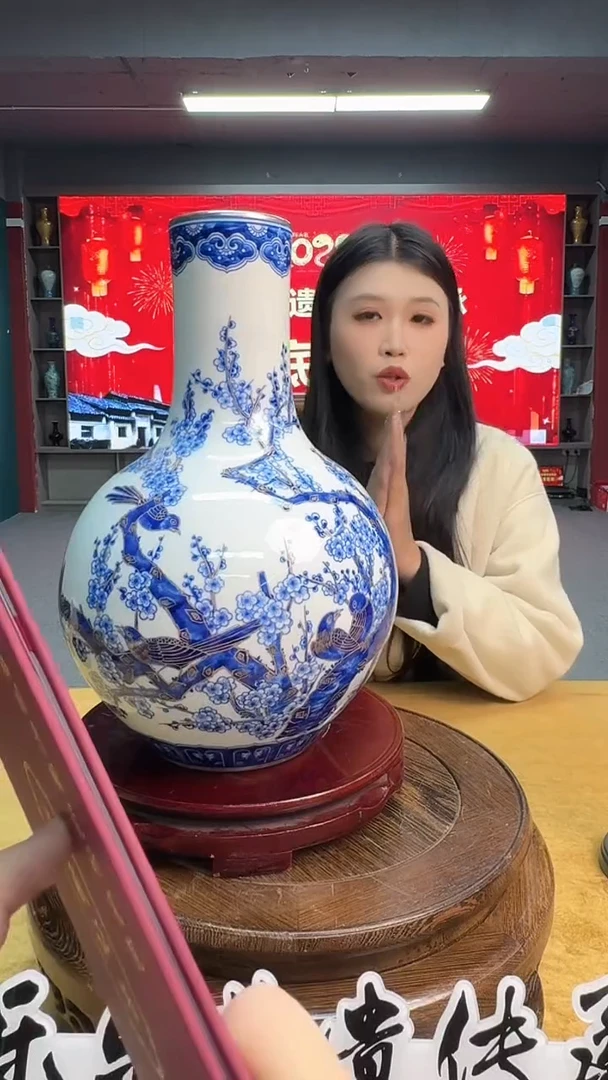 摆件瓷青花花鸟天球瓶26