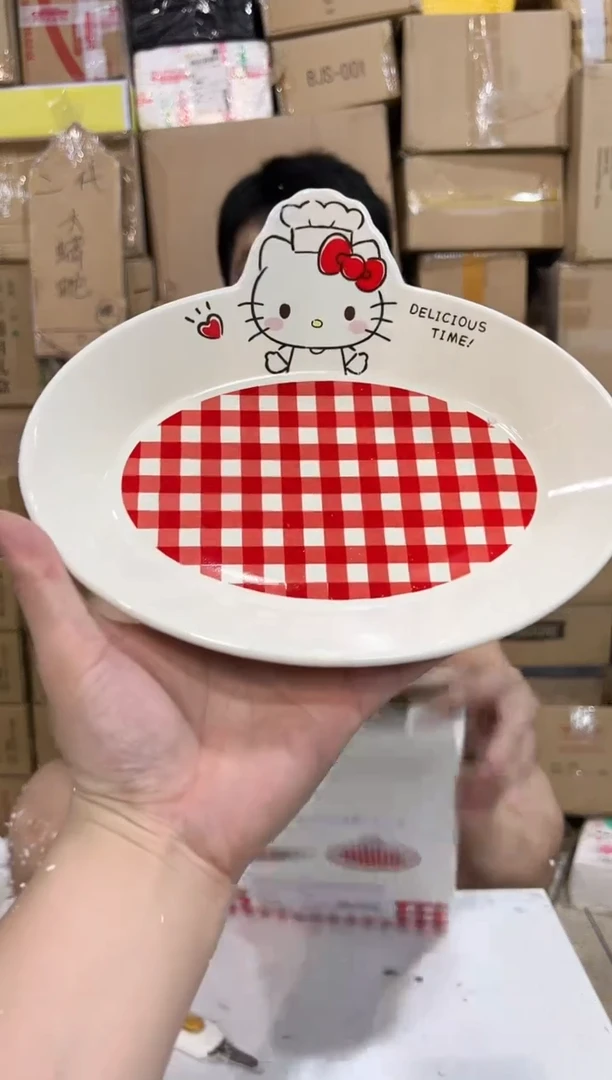 瓷片原盒kt猫红格子餐盘