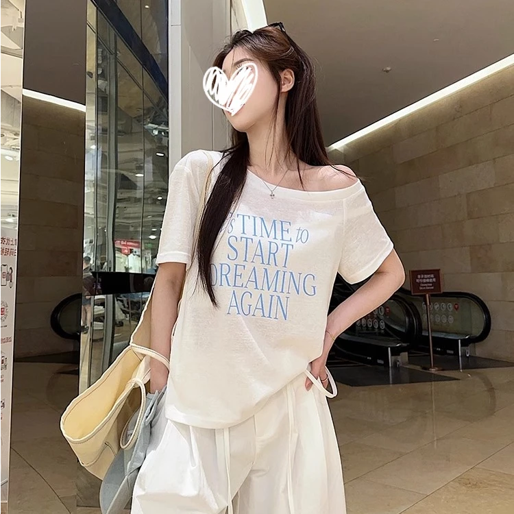 美式字母印花斜肩短袖T恤女夏季新款宽松显瘦打底衫上衣