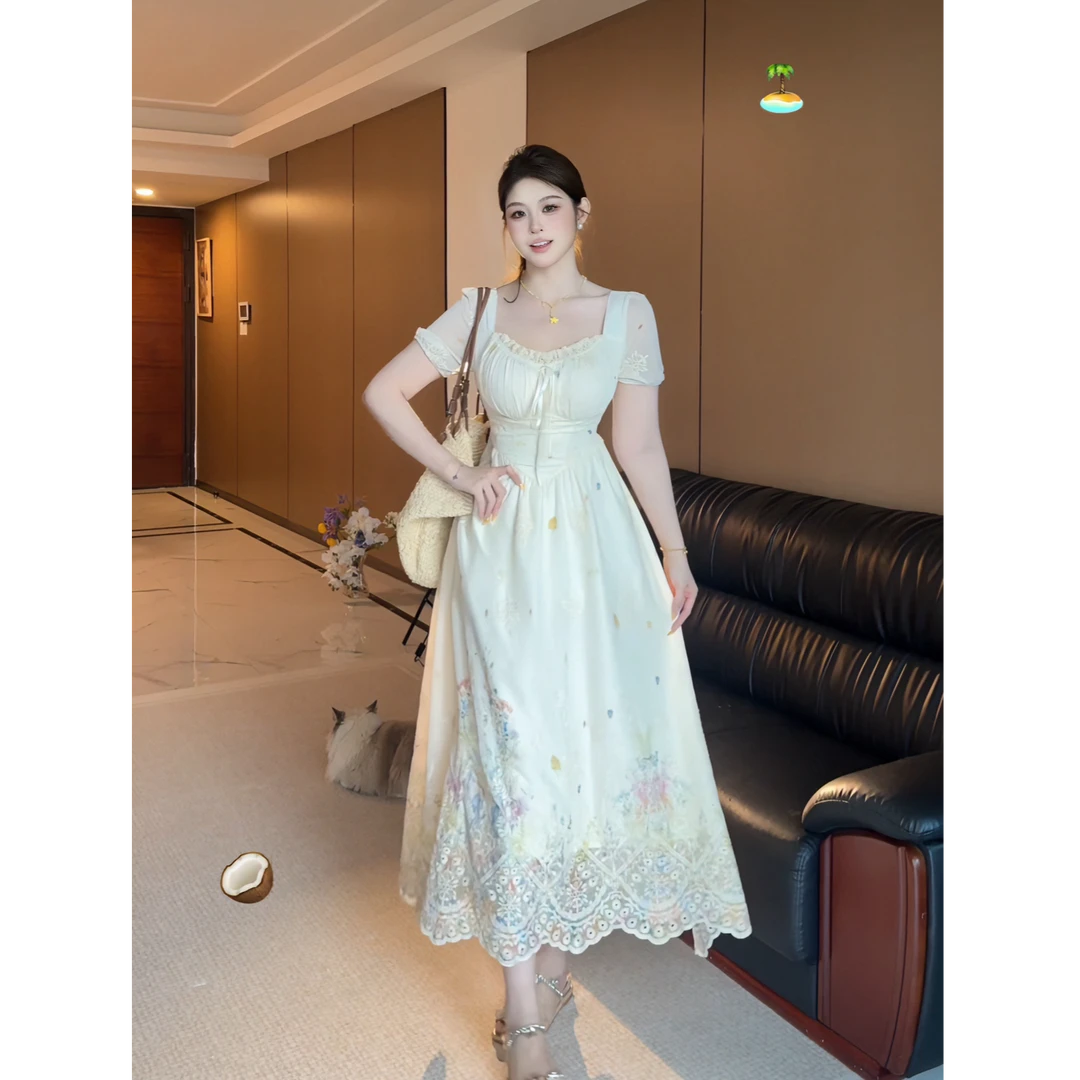 白77-大码女装渐变印花吊带连衣裙女收腰显瘦法式气质长裙12508