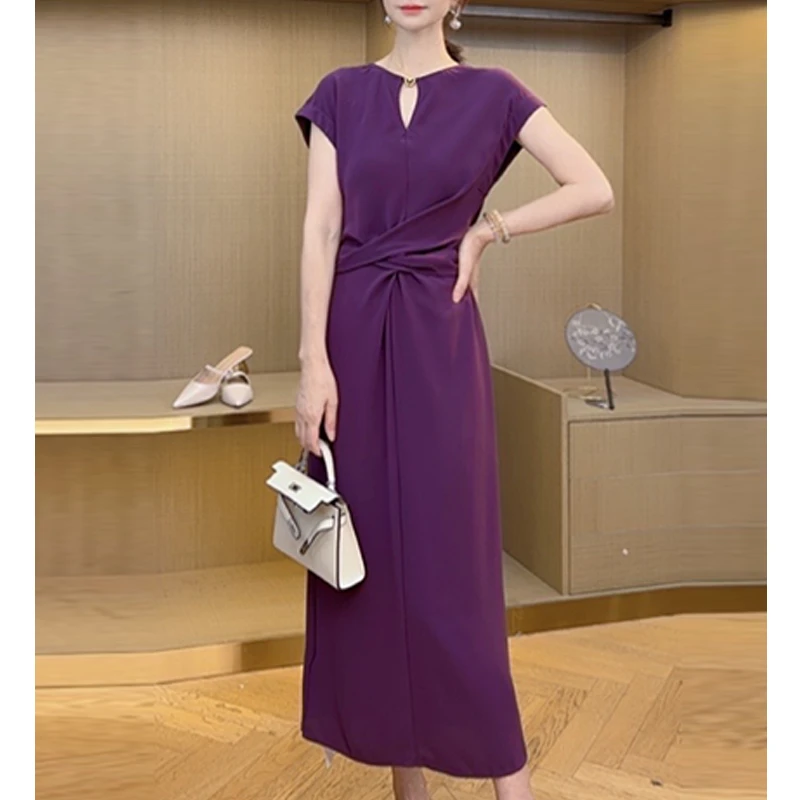 【茵姐推荐】2025夏新款气质高级感通勤短袖收腰绑带修身紫色连衣裙