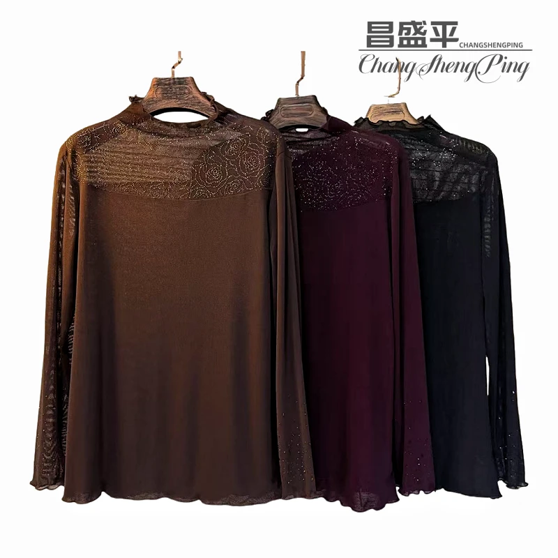 G2899【新款亮钻玫瑰花打底衫】南韩亮丝百搭显瘦减龄长袖大码女装