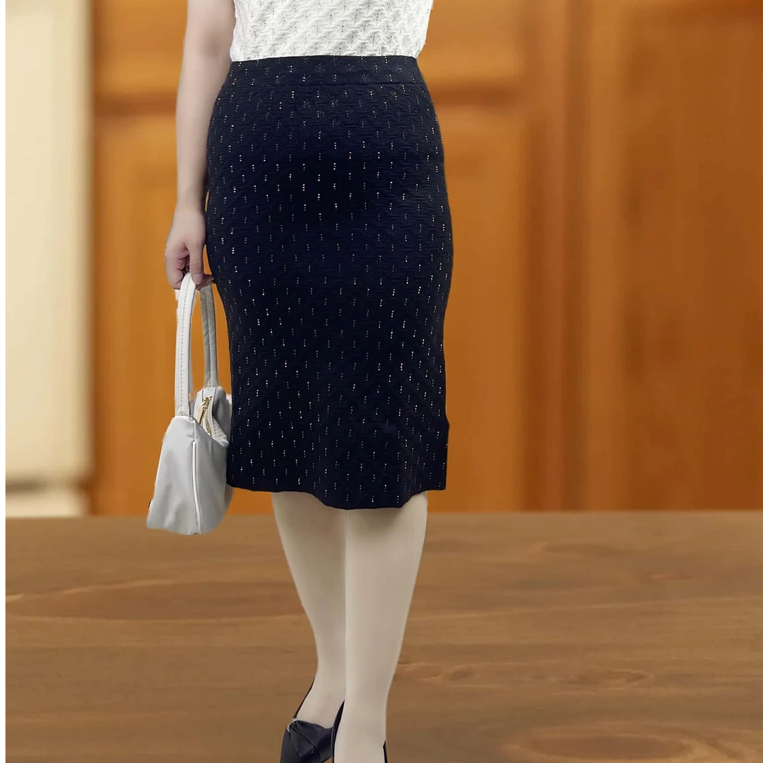 886022镶钻绵羊毛重工提花半裙中裙显瘦时尚中长款修身开叉气质