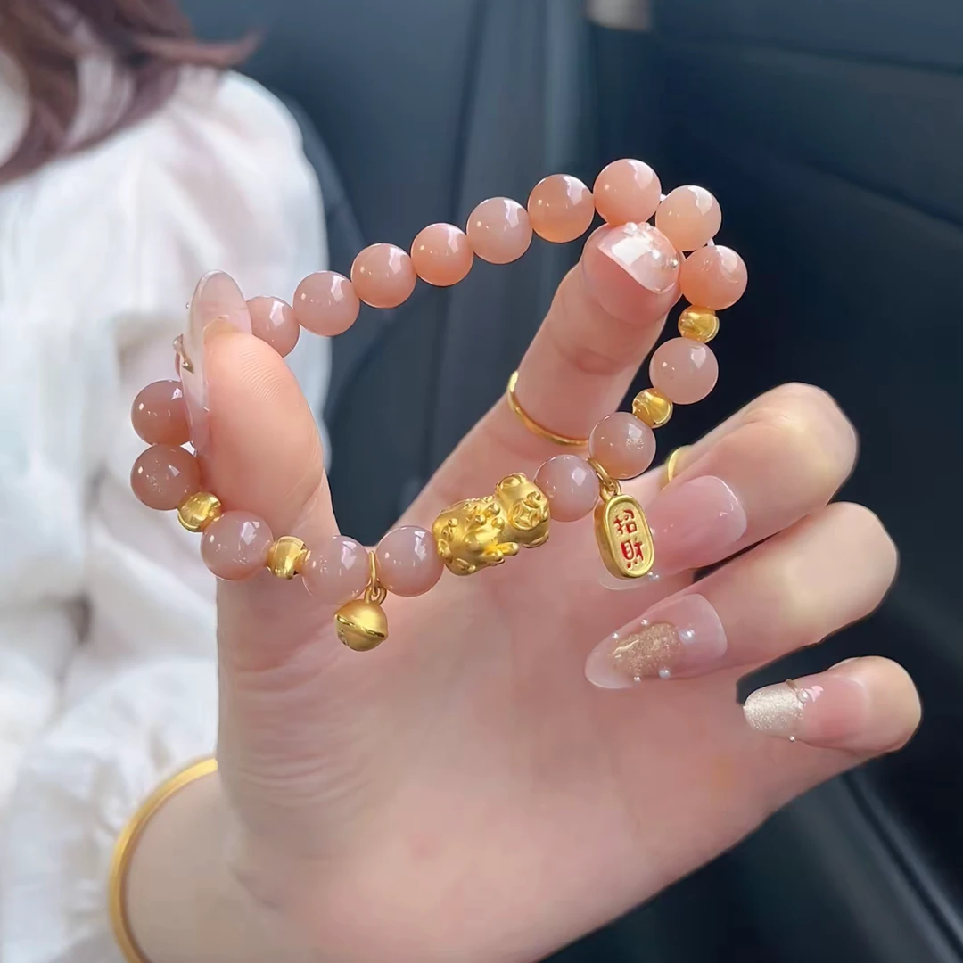 瑞诺黄金招财貔貅太阳石手链女足金999小铃铛手串生日礼物送女友