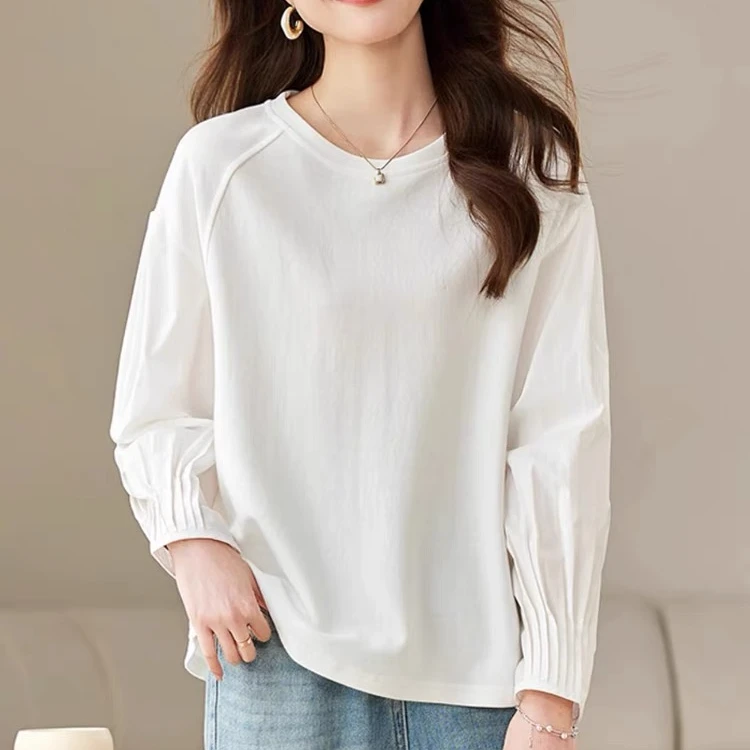 新款遮肚子藏肉上衣大码女士T恤洋气显瘦宽松褶皱长袖打底衫