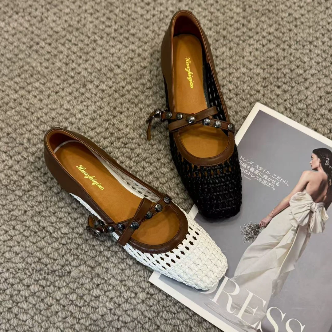 春夏季新款镂空编织小皮鞋跟高3cm方头百搭舒适软底真皮女鞋凉鞋