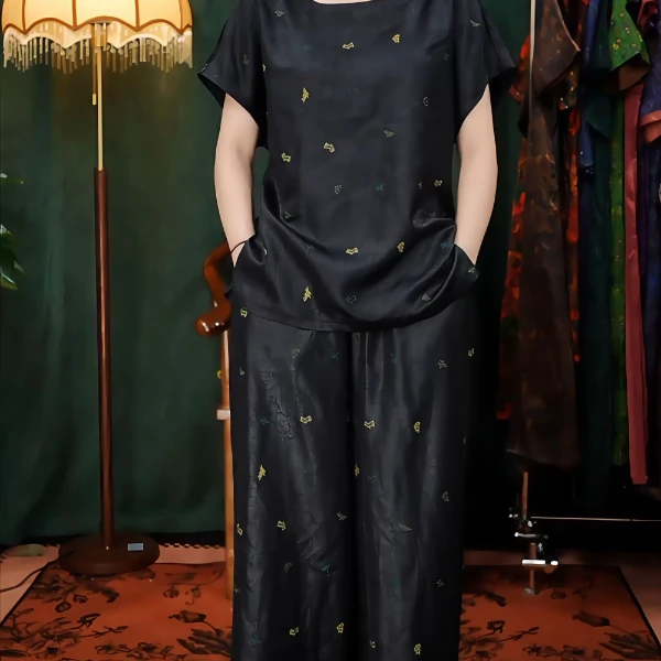 幸运重磅高端中国风耐磨新中式圆领宽松型套装贵气气质晕染