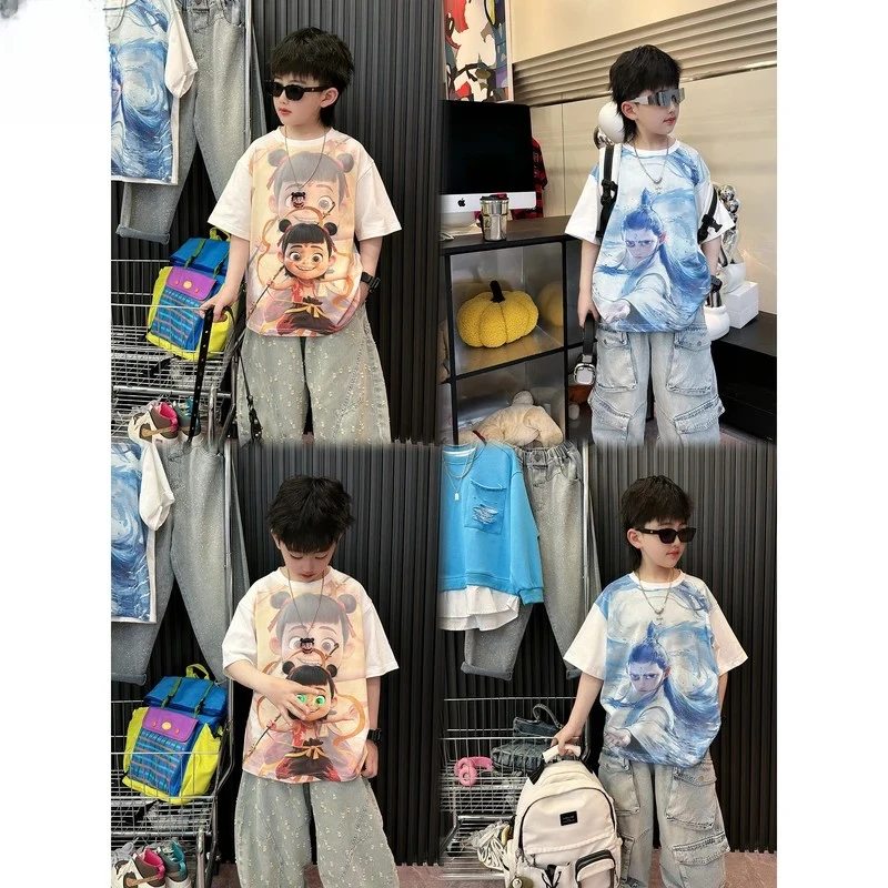 儿童【亮灯T恤】春夏款时尚街头男童白蓝印花半袖亮灯敖丙t恤男童