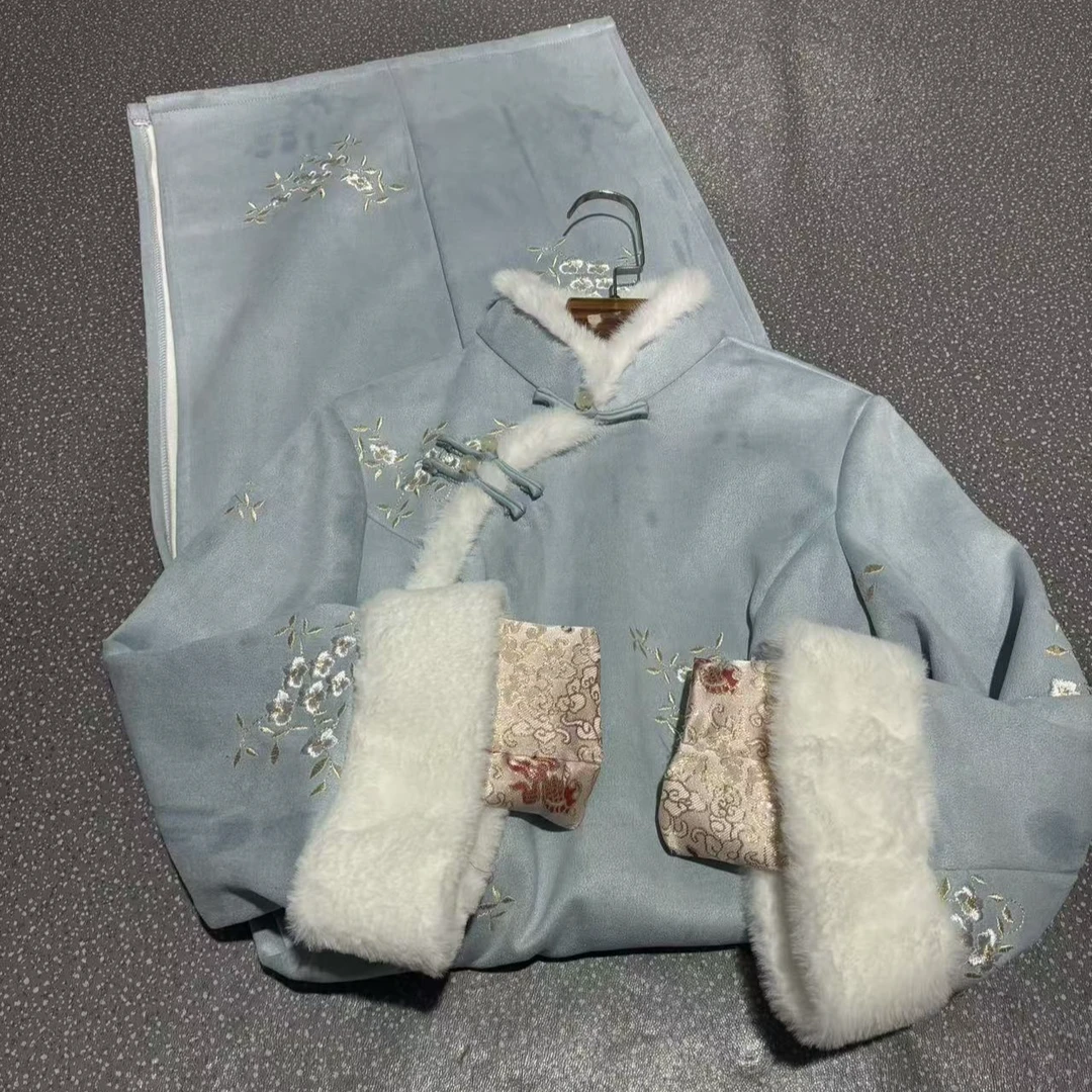 1640 蓝色 白毛领 琼花绣 双袖 旗袍