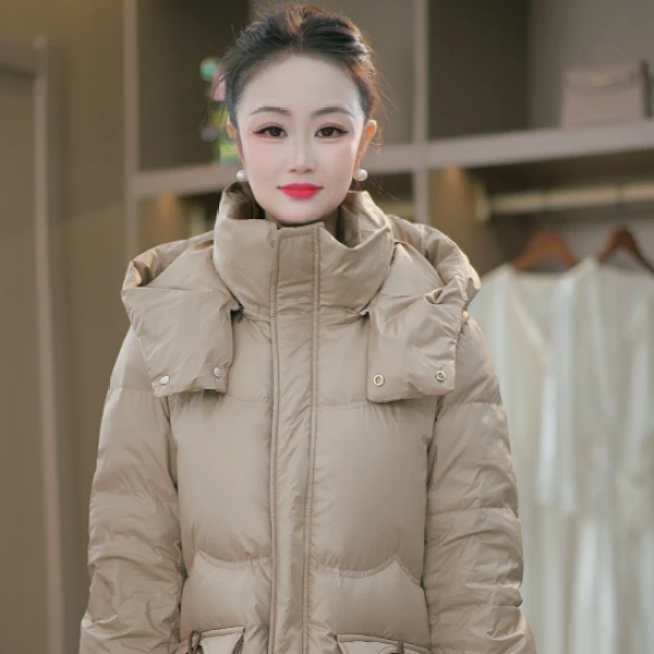 气质连帽拼接优雅冬季长款时尚保暖白鸭绒羽绒服M-3XL