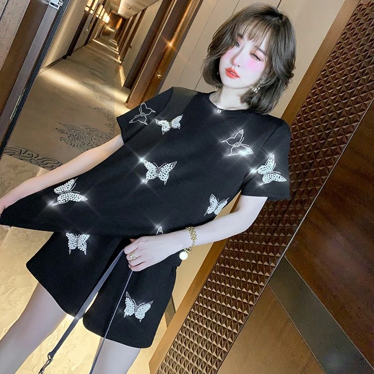 圆领钉珠蝴蝶亮钻短袖短裤休闲套装女夏季新款2025爆款女装两件套