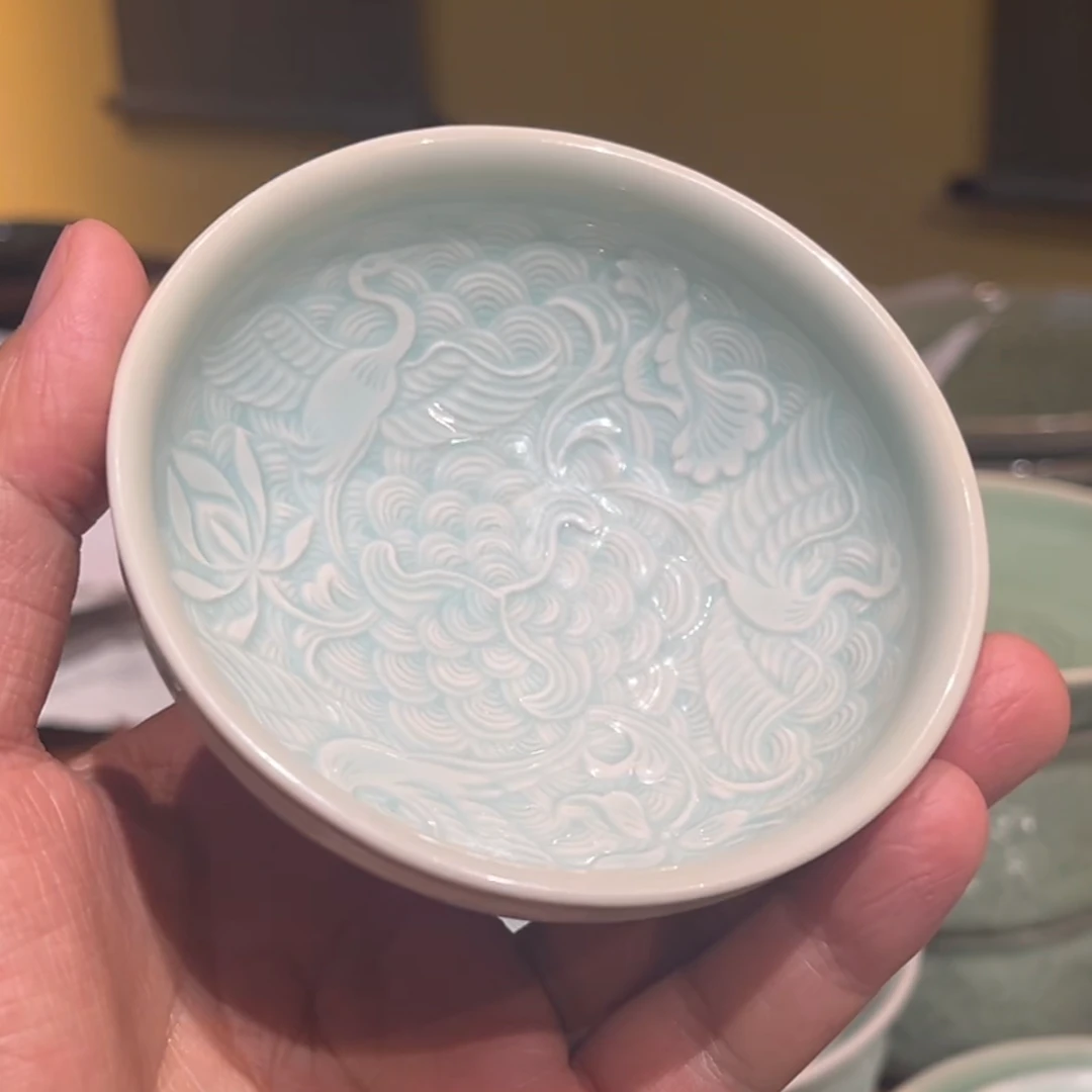 长安知己耀州窑原矿青瓷中式家用陶瓷茶杯内外双刻满花普洱杯