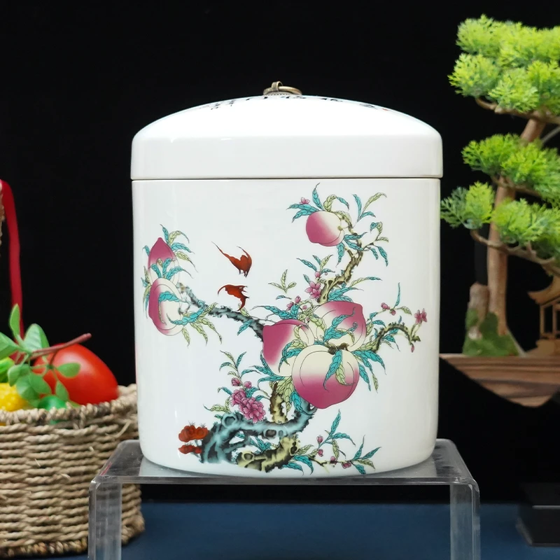 【百善瓷业】蟠桃献寿储物罐10斤装+底座