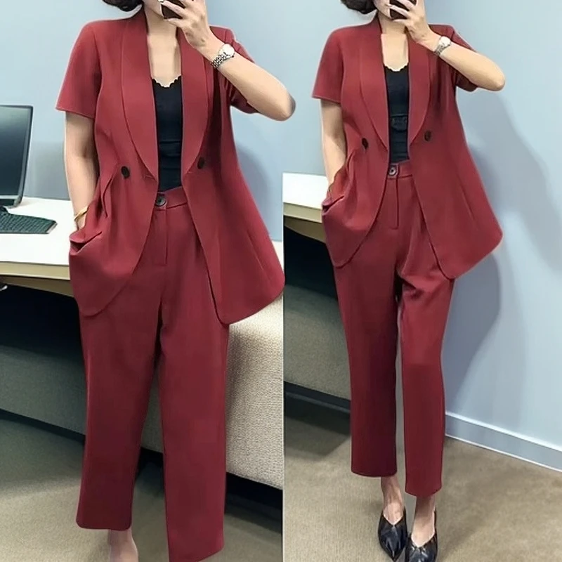 大码女装薄款短袖西装套装女胖mm通勤工作服职业西服小脚裤两件套