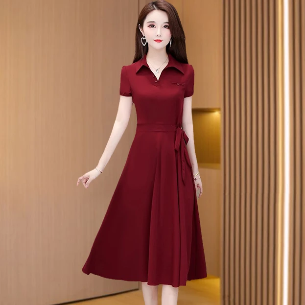 喜婆婆婚宴装2025新款夏红色五月高贵洋气妈妈结婚礼服腰带款裙子
