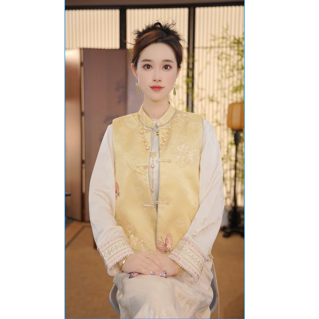 CJ【金蝴蝶】中式提花马甲2025新款百搭双面重工刺绣马夹FB25021702