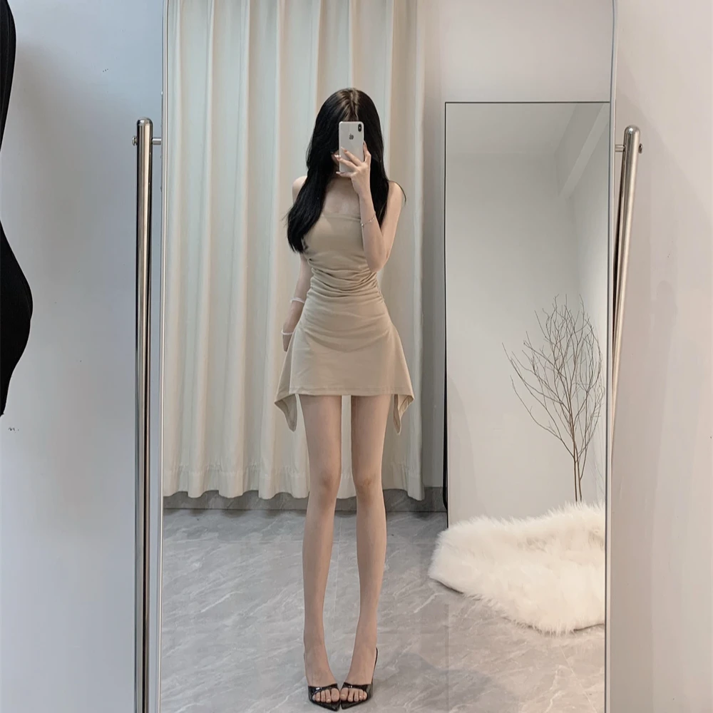 纯欲掐腰带胸垫不规则褶皱抹胸短裙辣妹修身一字肩鱼尾连衣裙