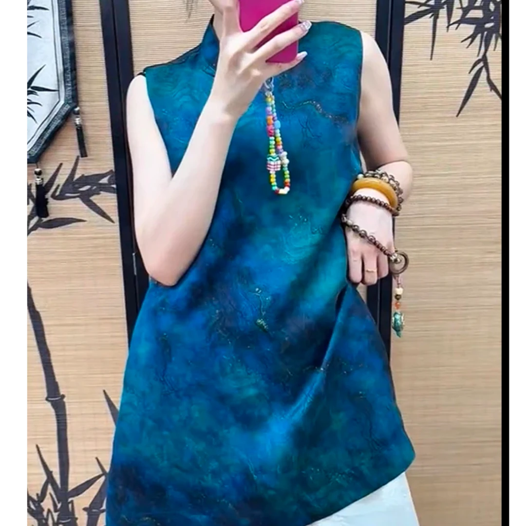 蓝眼泪奥黛 油丝香云纱花罗国风立领无袖斜襟蚕丝上衣864