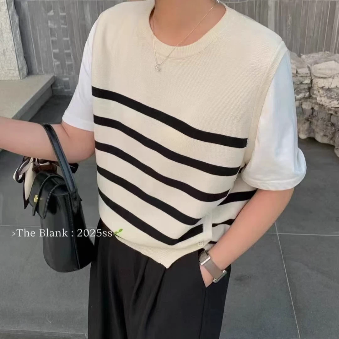 2025新款韩版老钱风宽松显瘦百搭圆领条纹针织衫女假两件上衣