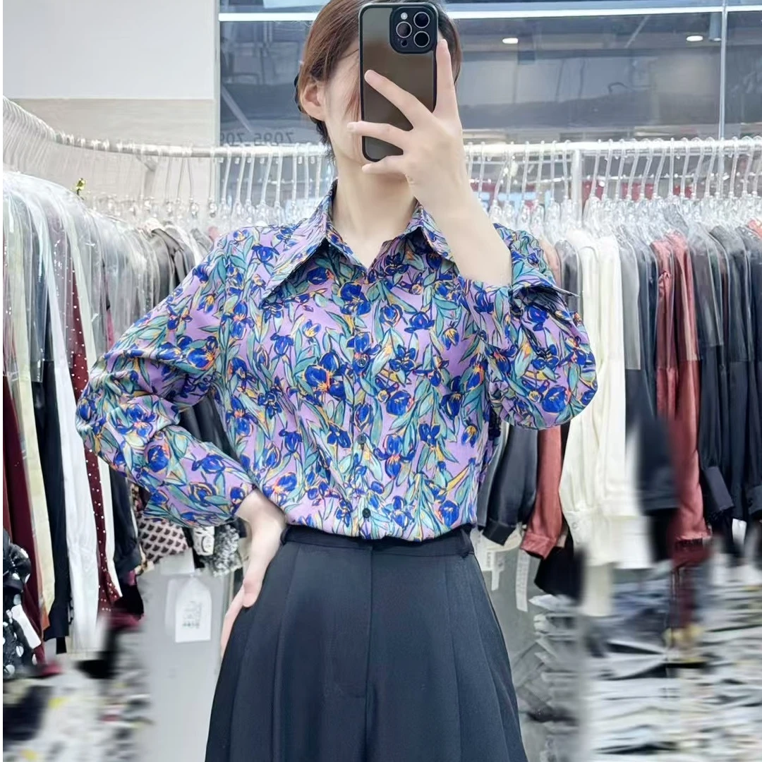 【初春的精灵】扎染碎花常规衬衫蓝色时尚长袖休闲宽松春季小衫