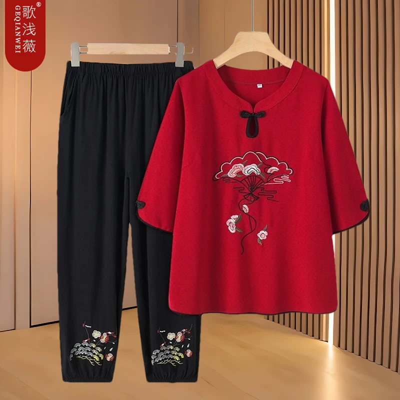 中老年妈妈夏季半袖大妈女装短袖绣花套装中年夏季女奶奶大码衣服