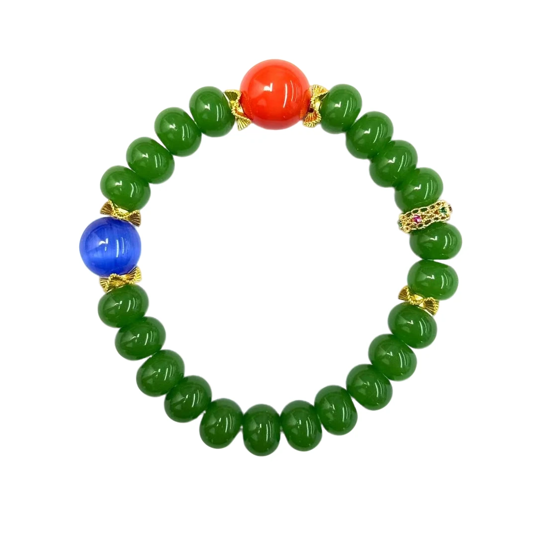 s1460-国风设计款三姑娘圆珠手串-石英质玉金宝绿-赠礼盒