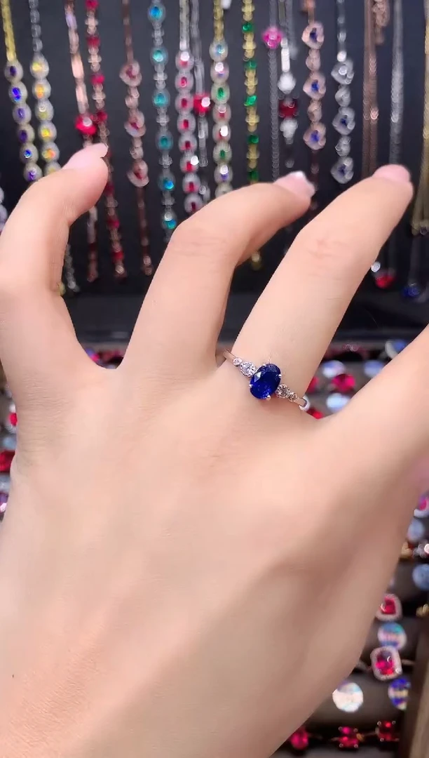 蓝宝石戒指银S925镶嵌银色57