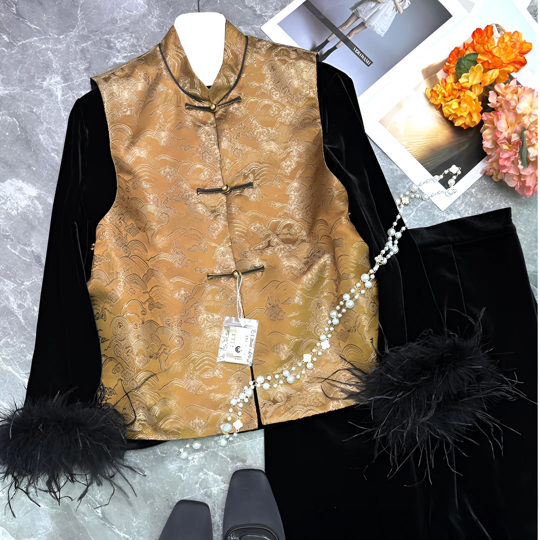 YXZy早春织锦缎祥云双面双穿马夹新中式国风时尚大气复古上衣马甲