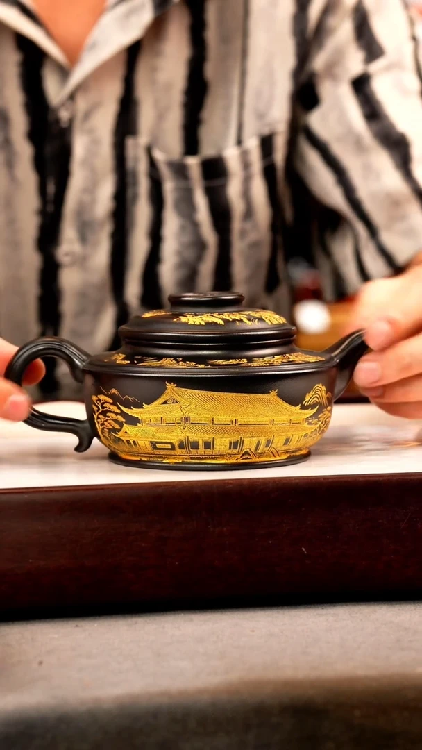 茶壶紫砂石黄 福元 观山 描金