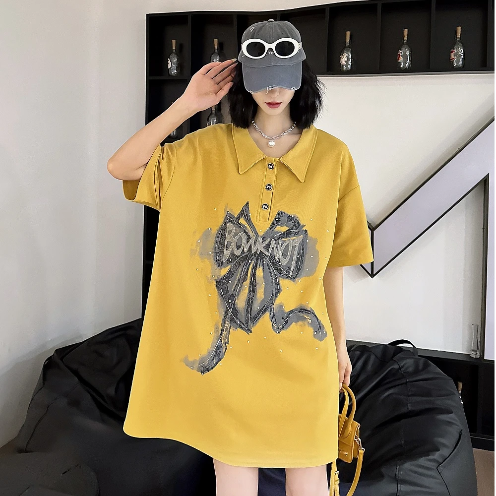 8383大码女装遮肉大半袖烫钻洋气宽松减龄蝴蝶结亮钻遮肉上衣