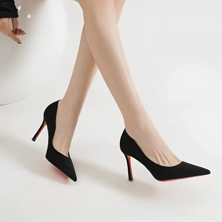 浅口黑色高跟鞋女红底绒面细跟尖头2025年新款单鞋女气质性感百搭