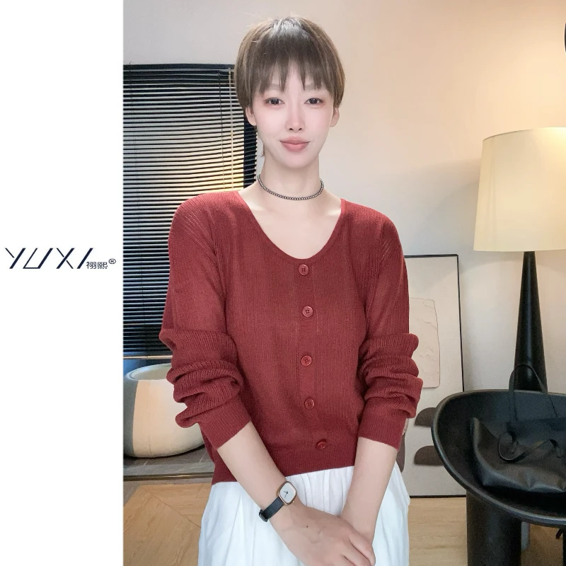 《30可机洗羊毛套头衫》镂空纽扣开衫针织衫高腰显瘦圆领宽松长袖