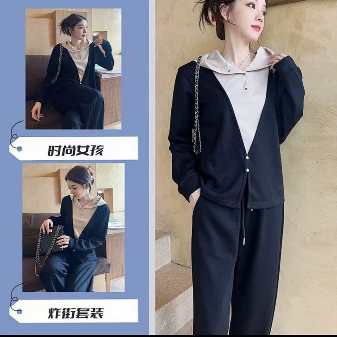 7772-春秋网红炸街两件套（空气层黑）休闲套装