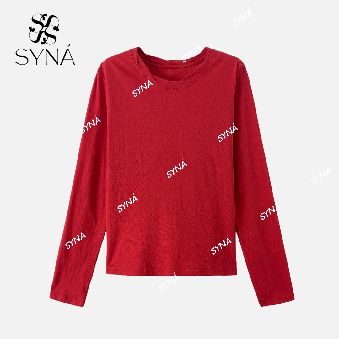 希娜 软糯舒适感捏褶扭边圆领长袖