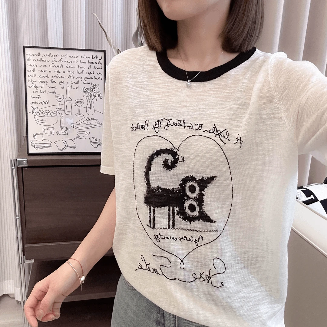 时尚猫咪印花冰丝短袖T恤女夏季新款宽松显瘦针织衫套头品质上衣