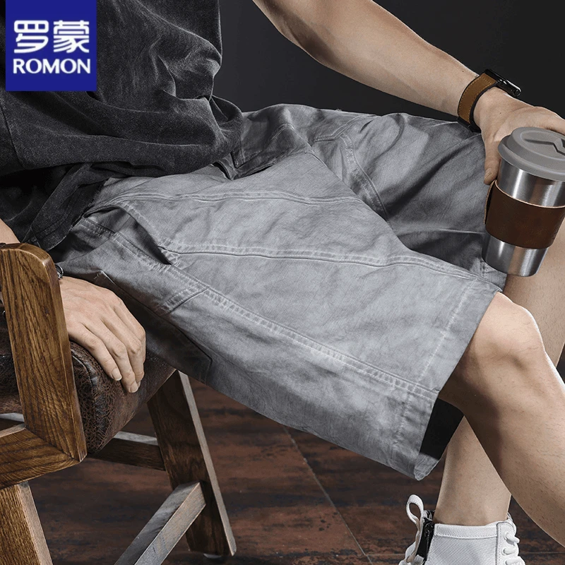 罗蒙休闲短裤男士潮牌宽松美式复古重工伐木裤高级感五分脏脏裤男