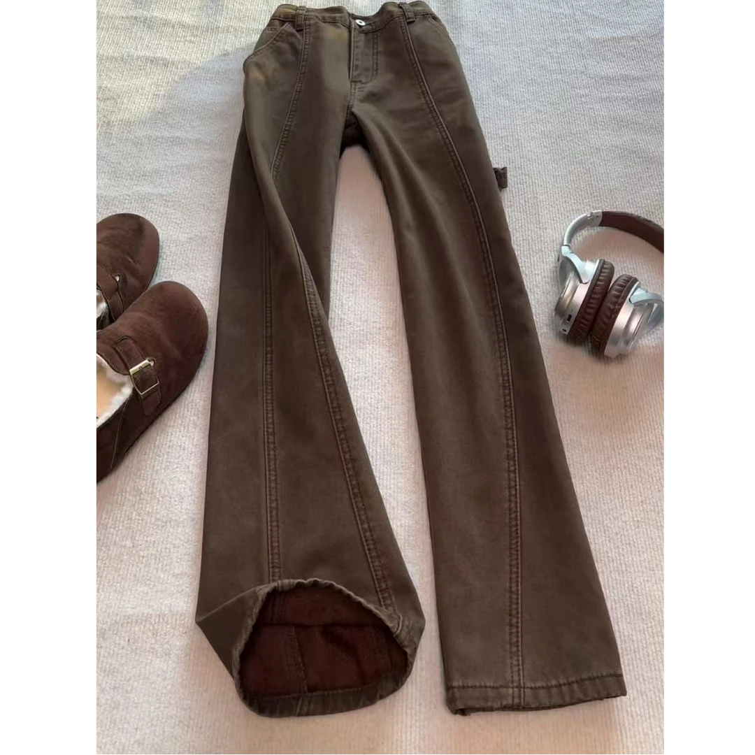 美式复古解构纯棉牛仔裤男款秋冬褶皱遮肉显瘦工装裤潮牌加绒裤子