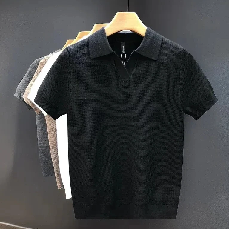 轻熟风气质黑色针织短袖T恤男士高档polo衫夏季轻薄透气翻领体恤
