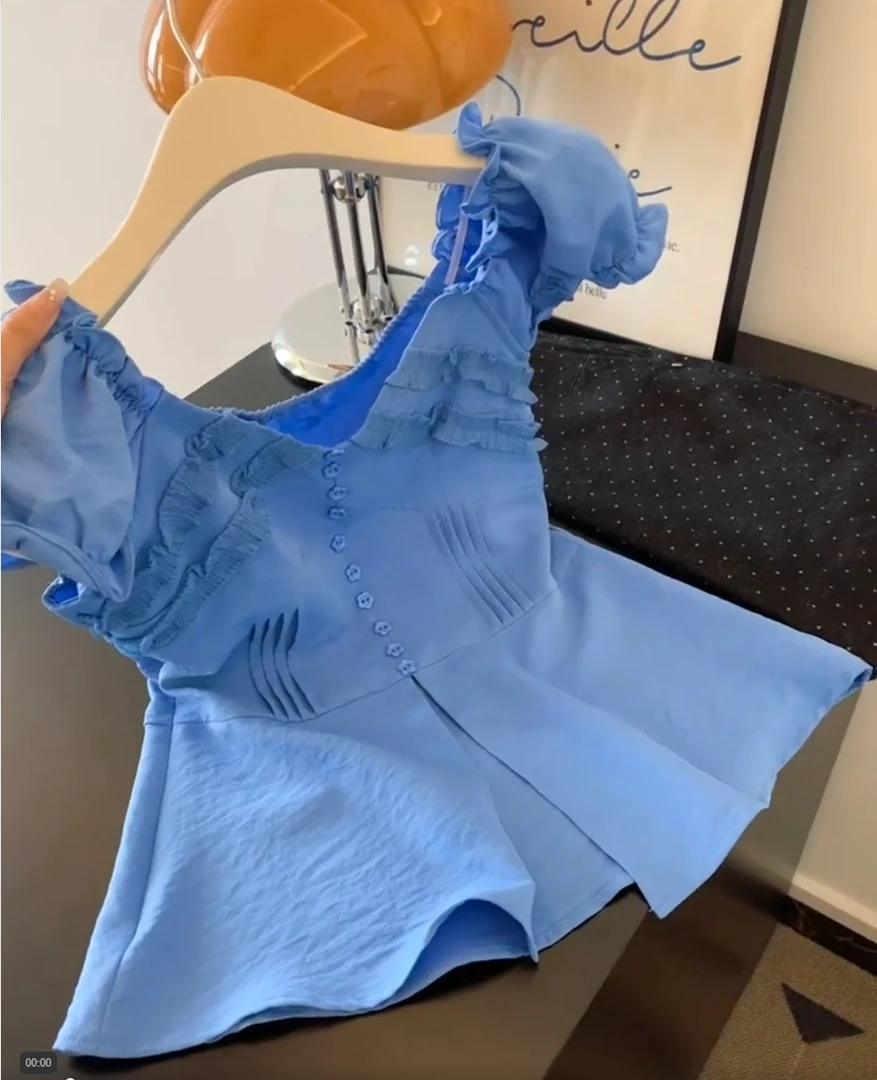 蓝色V领正肩短袖衬衫2025夏季新款百搭气质宽松遮肚子超好看上衣