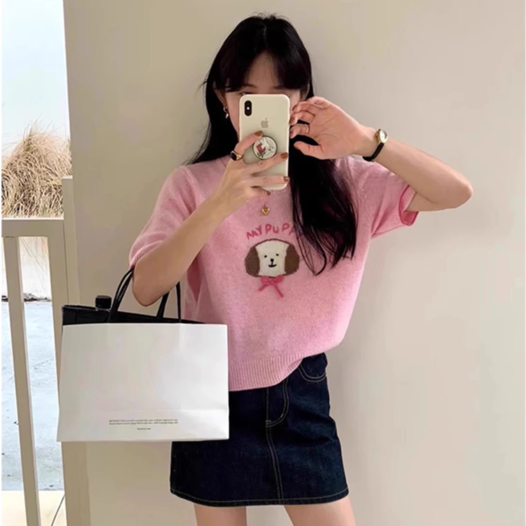 时尚减龄卡通小狗图案短袖T恤上衣女春夏2025韩系灰色宽松针织衫