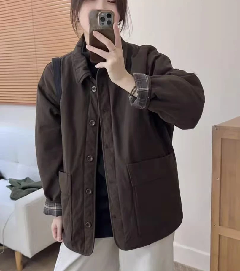 韩版宽松时尚双口袋长袖翻领咖啡色棉衣外套保暖上衣女式2025秋冬
