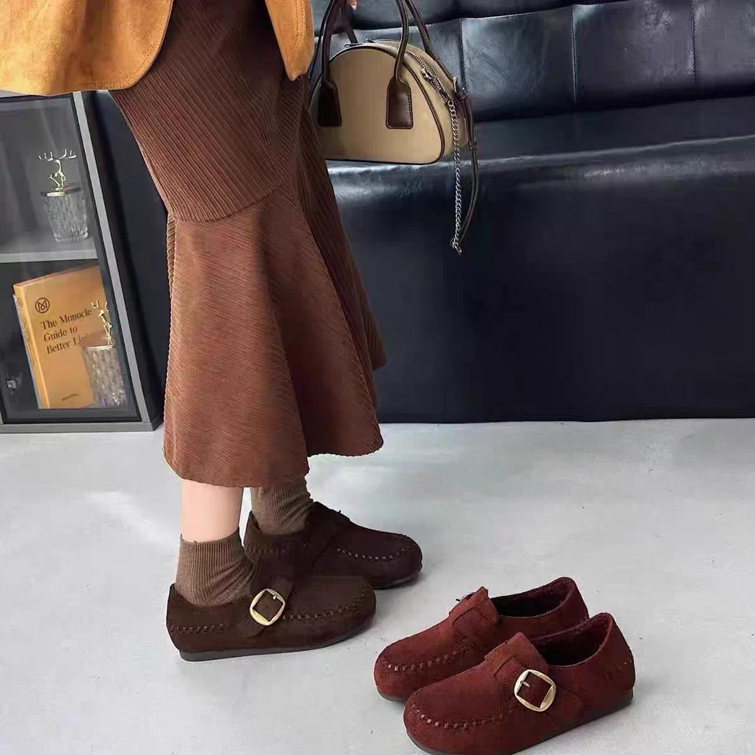 ZZGS·【2025秋冬新款复古女鞋舒适加棉百搭豆豆鞋平底乐】·25838-1