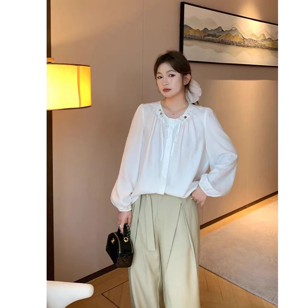 【NAZ微胖大码高端定制】轻民族风简约抽褶排扣衬衫