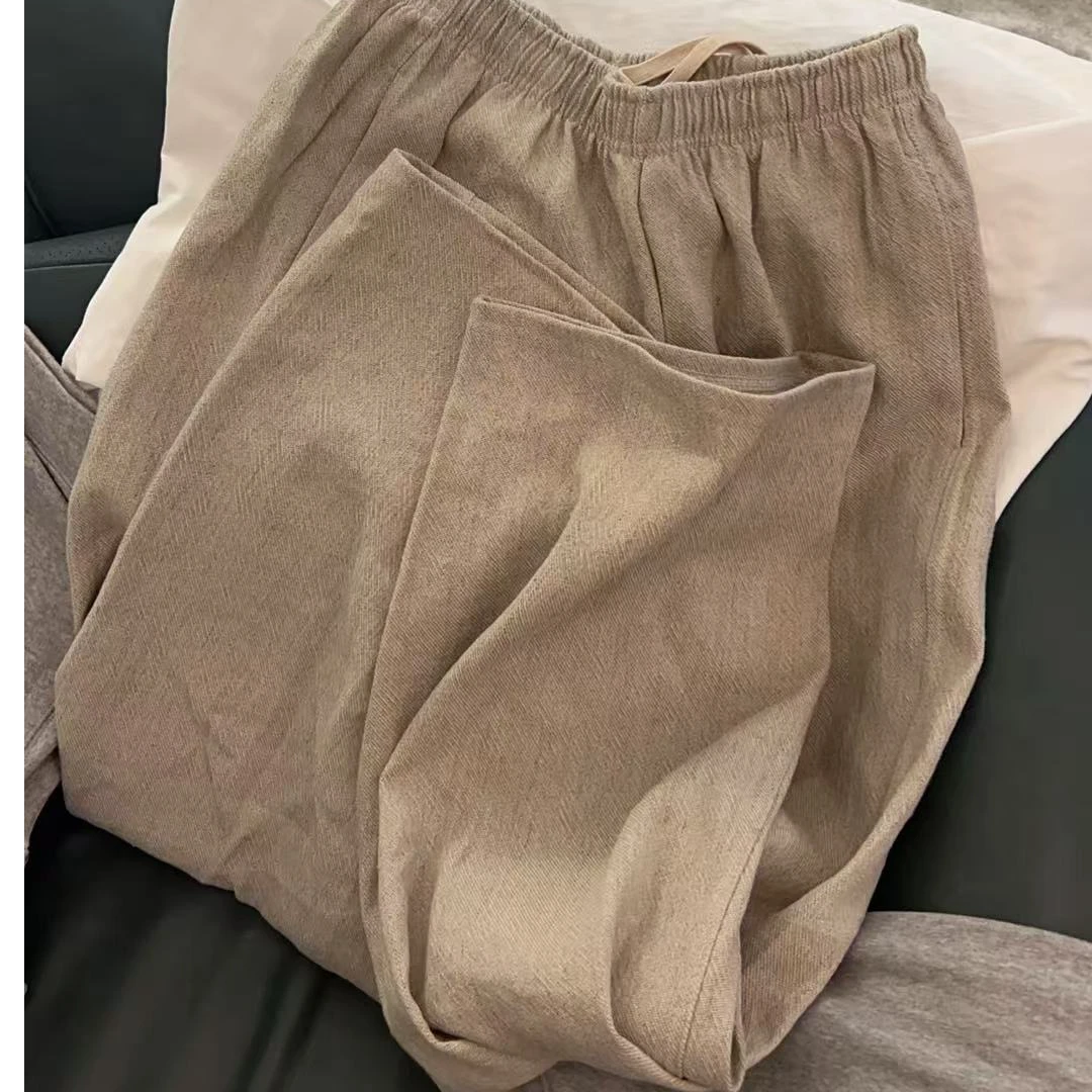 【NO退NO换】韩国东大门2025春款燕麦色抽绳麻休闲裤