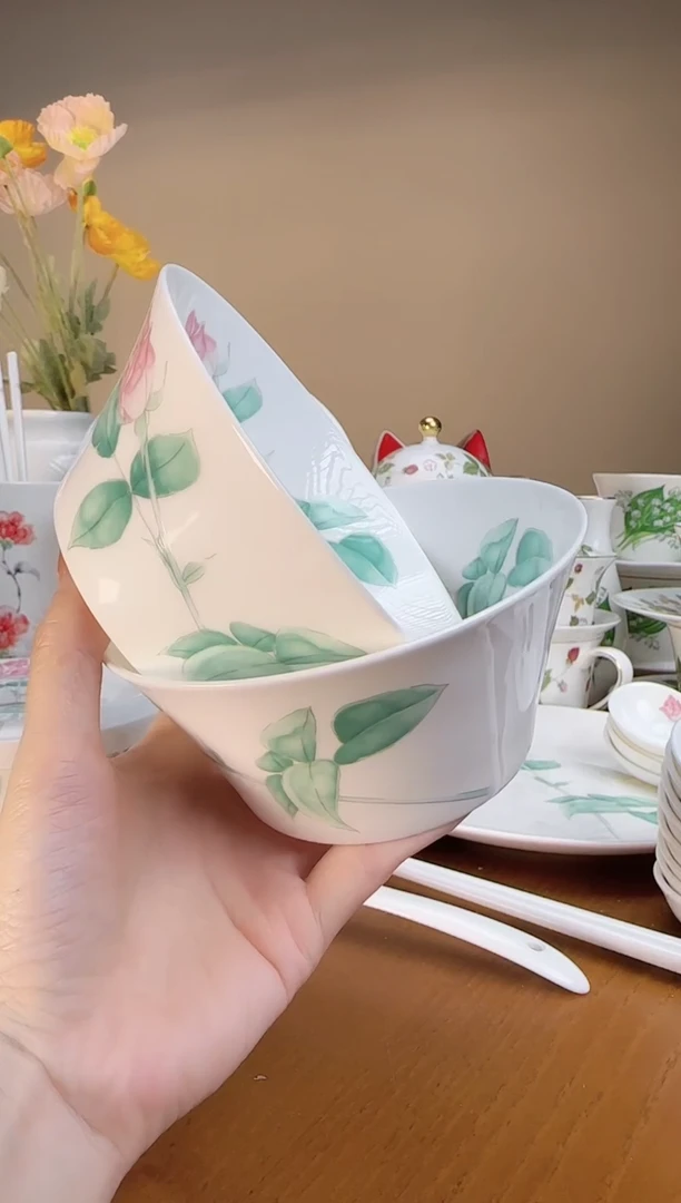 【闪购商品】玫瑰高骨瓷米碗2个