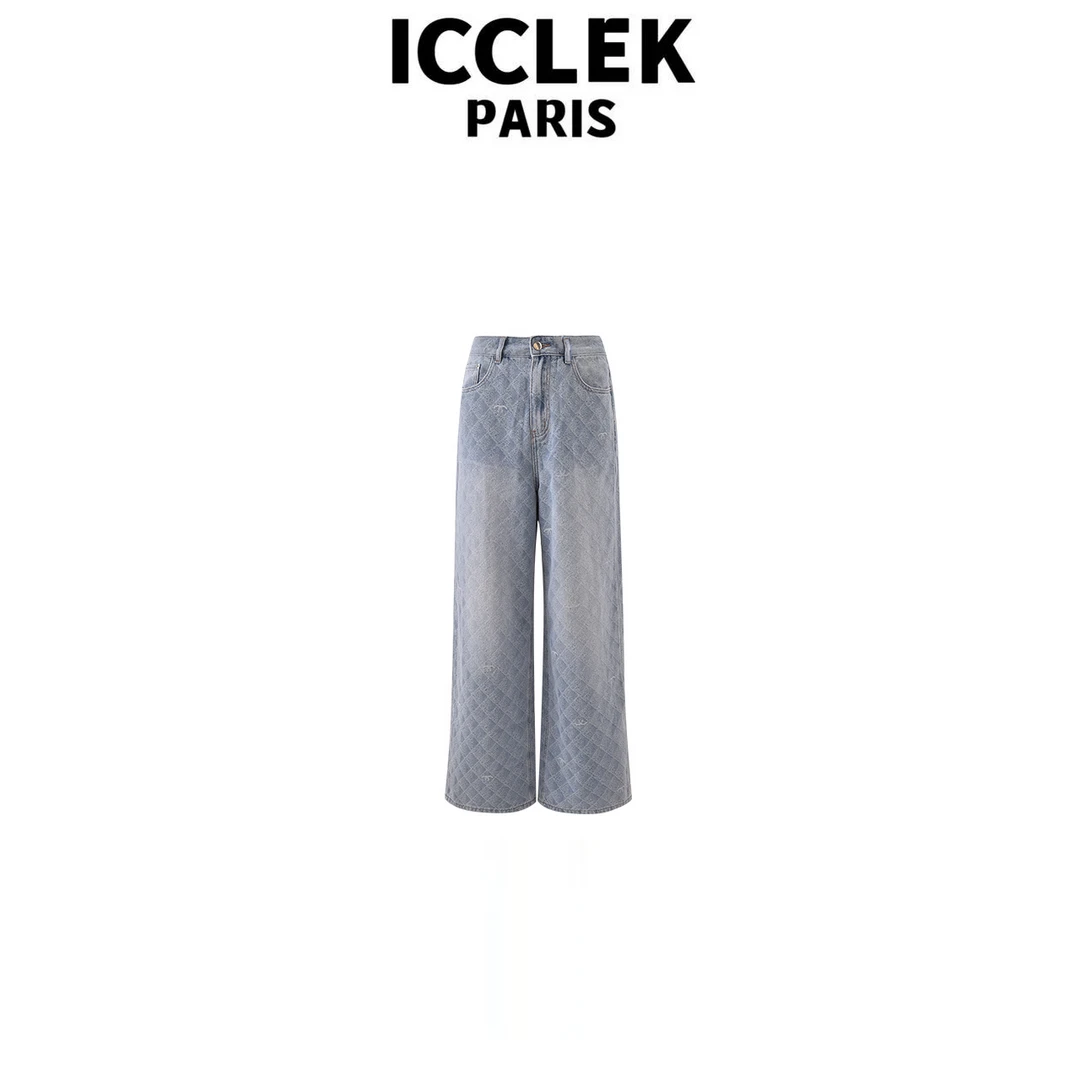 ICCLEK 菱格纹阔腿高腰牛仔裤春夏百搭直筒显瘦时尚百搭裤子-1125