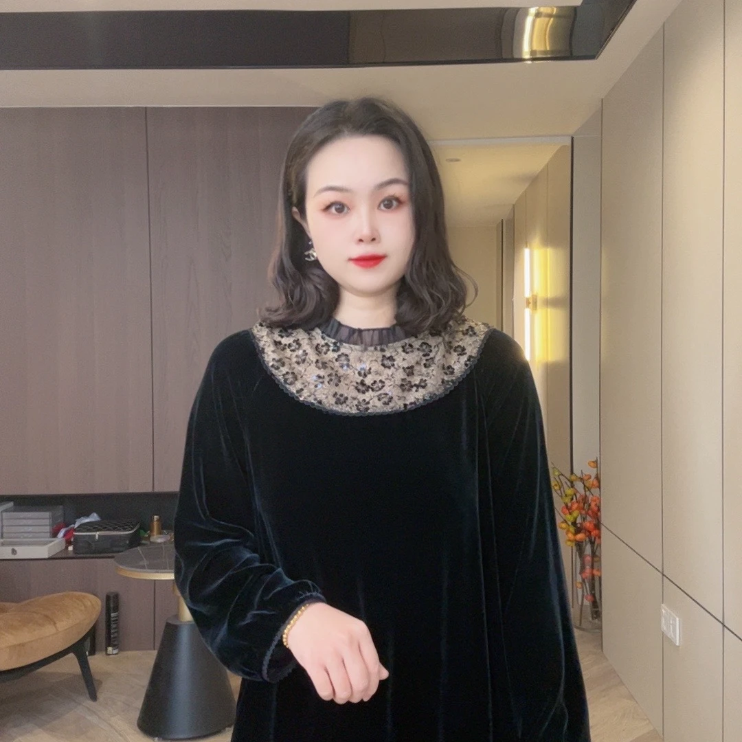 YS125蕾丝领口真丝丝绒连衣裙新款高端气质女神范长袖裙子m118