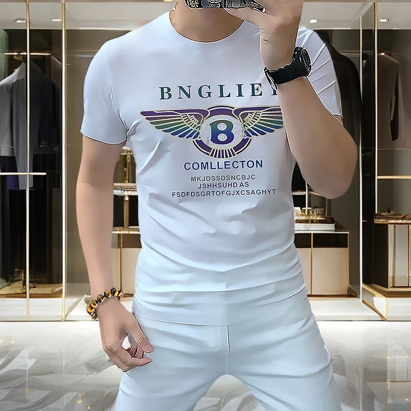 Vaesric Poseidon/瓦萨琪波塞冬欧洲站轻奢烫钻印花修身男短袖t恤