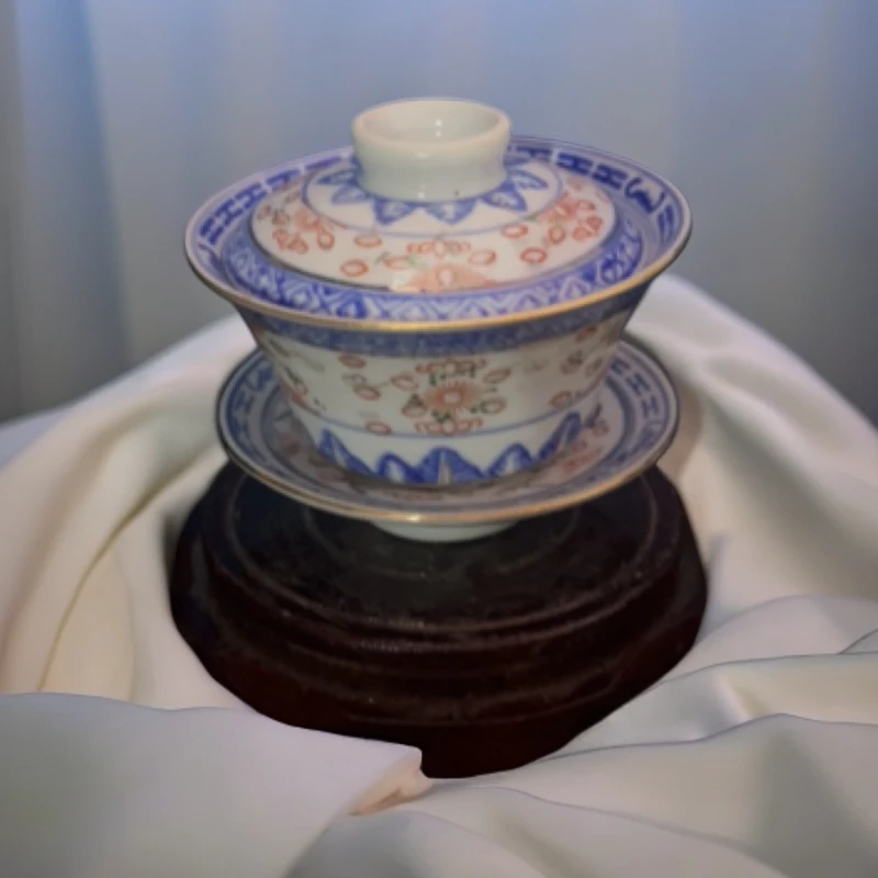 景德镇陶瓷青花玲珑描金龙纹盖碗